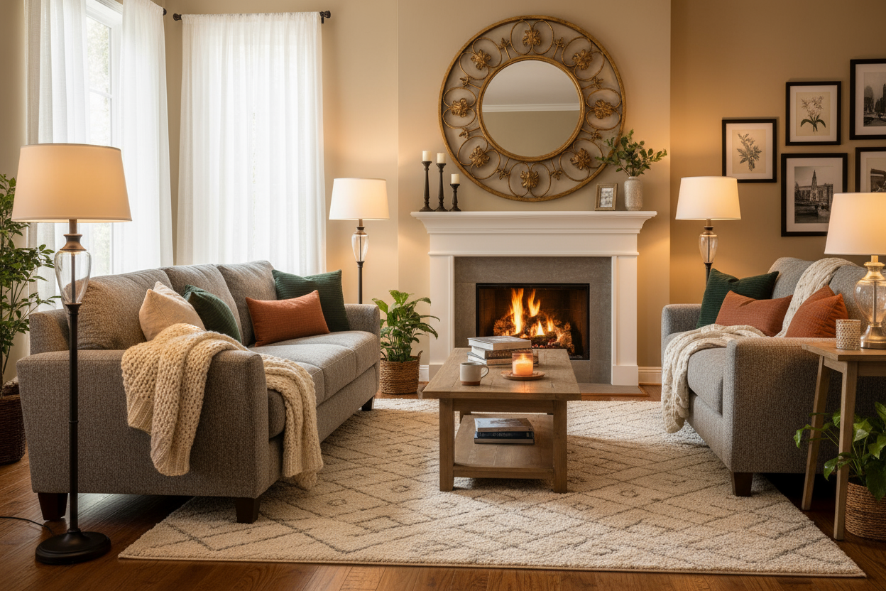 A cozy living room with lamps, blankets, a mirror (you can get one from a thrift store or I can help you find one)