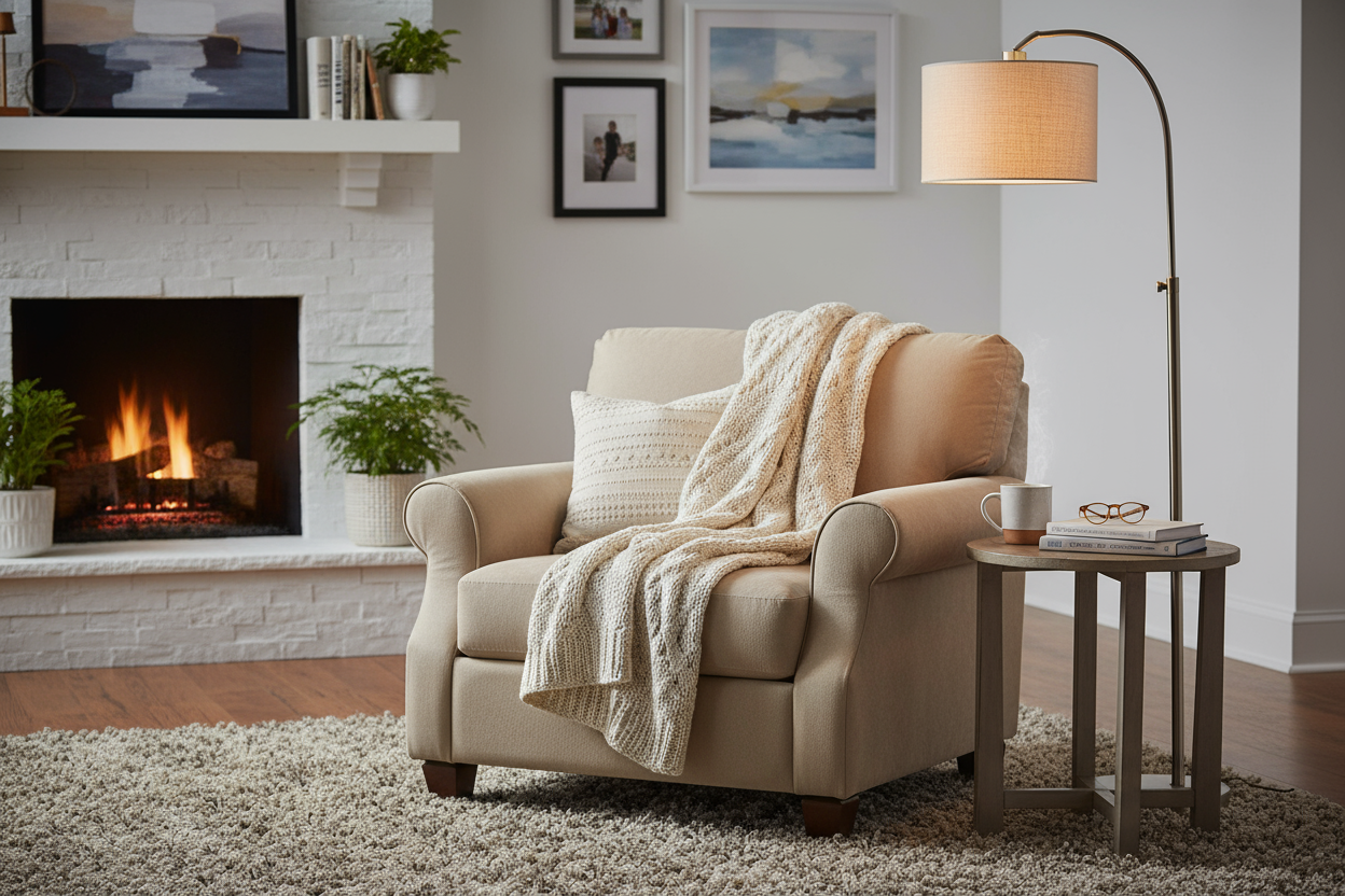 A living room scene with a soft armchair, floor lamp, blanket, and warm lighting.