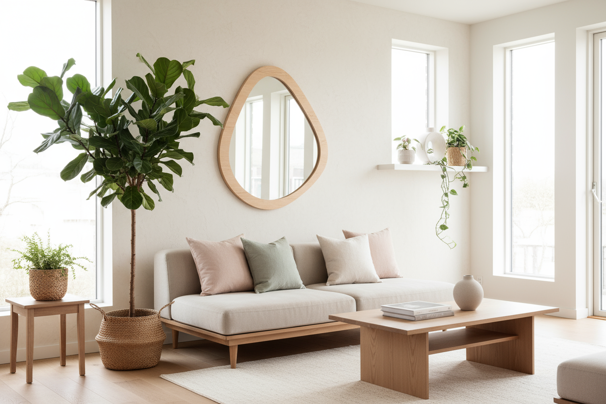 A modern living room with a mirror, linen pillows, pastel shades, light, plants.